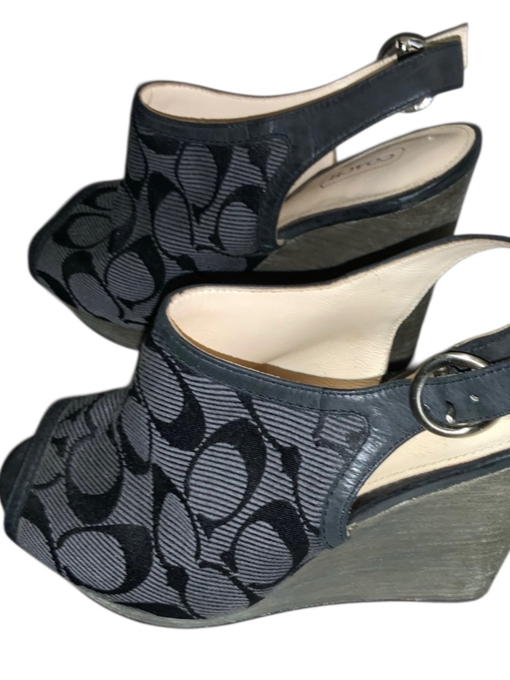 Vintage COACH JANET Black Gray Signature C Monogram Wedge Platform Sandals Sz 6